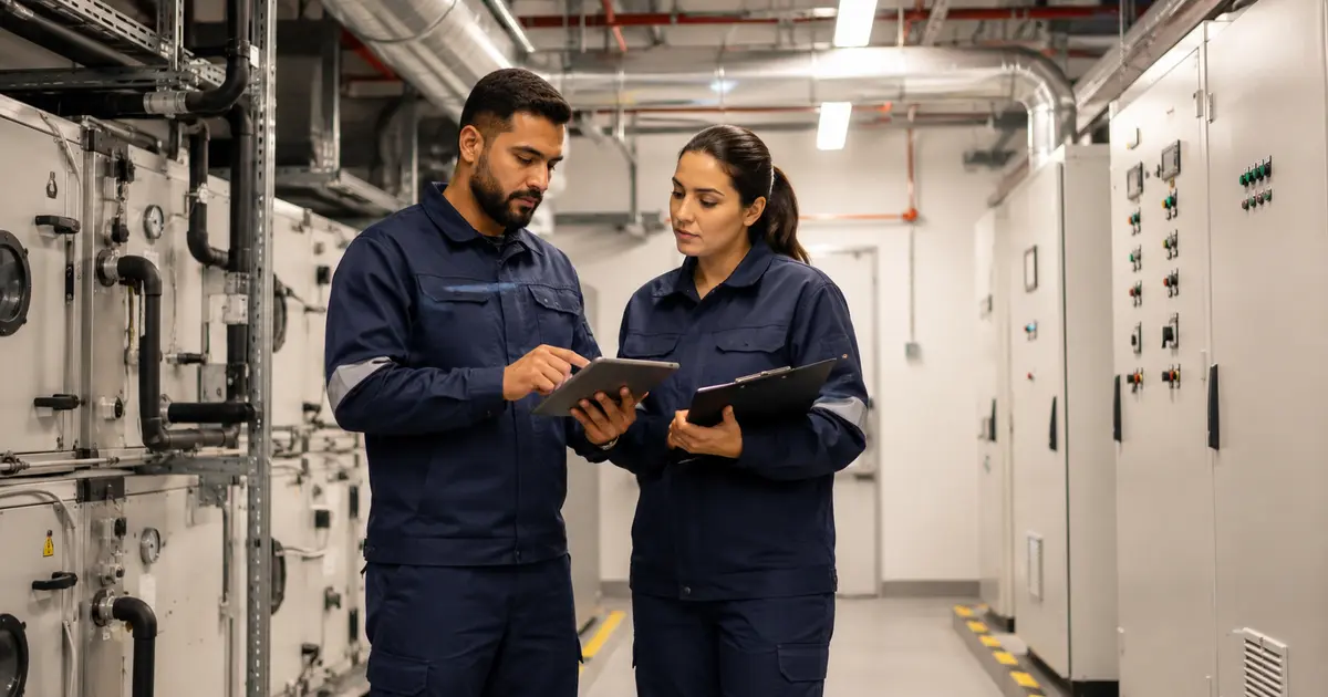 Two technicians reviewing equipment in a service room.