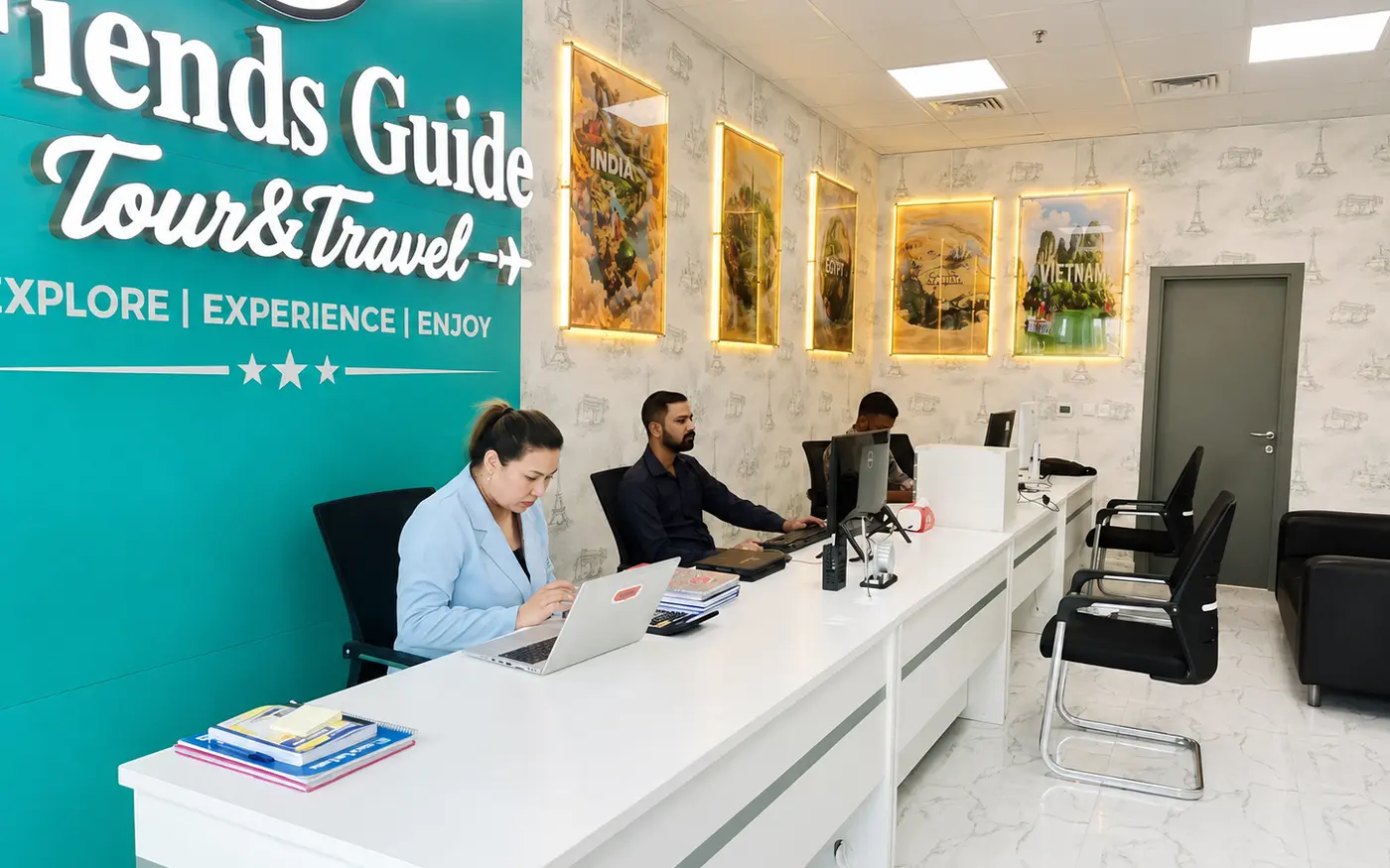 Friends Guide Travels and Tourism team working in the official Dubai office